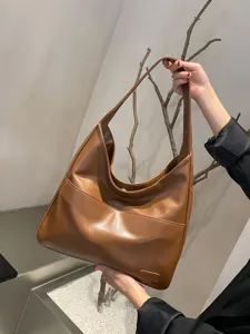 Damen Große Kapazität Weich PU Leder Tragetasche Vintage Lässig Pendler Einfarbig Schulter Handtasche Unterarm Hobo Tasche