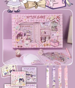 Cute cartoon sticker journal stationery gift box set for kids students, pink aesthetic design