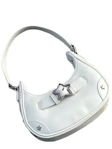 Weißes PU-Leder Schultertasche für Damen, stylische Stern Schnalle Baguette Handtasche.