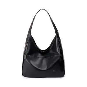 Classic black faux leather hobo shoulder bag, large capacity casual tote for daily commute.