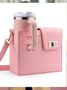 Portable PU Leather Water Bottle Crossbody Bag Casual Solid Color Shoulder Bag With Metal Lock For Women Outdoor Travel
