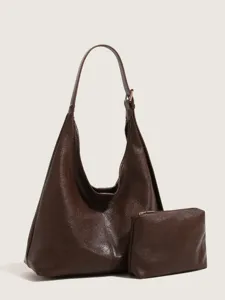 Large Capacity PU Leather Tote Bag Women Vintage Solid Color Hobo Shoulder Bag Urban Minimalist Commuter Bag