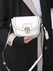 Stylish white saddle bag for women, retro color block cross body bag, trendy underarm shoulder handbag.