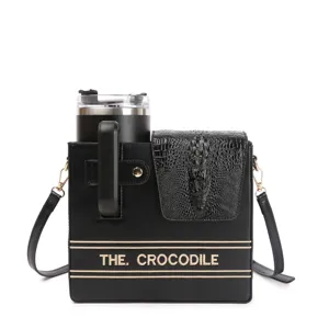 Stylish black PU leather crocodile pattern water cup crossbody bag outdoor tumbler storage bag
