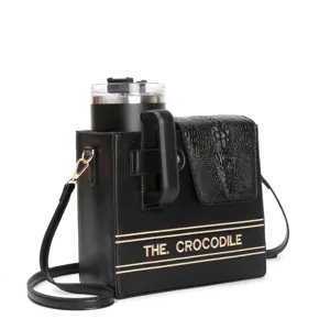 Crossbody water bottle bag with crocodile pattern flap, large capacity tumbler sleeve.