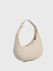 Minimalist crescent shoulder bag for women, stylish PU leather underarm hobo bag, off-white.