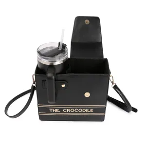Black leather tumbler crossbody bag outdoor portable water bottle storage bag with cup holder