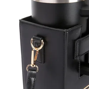 Portable black water bottle bag with metal hardware and strap for outdoor hiking and daily use.