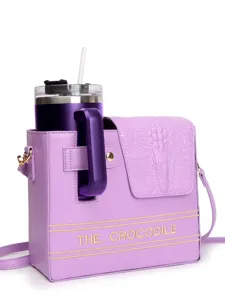 Purple crossbody water bottle bag with tumbler holder and crocodile texture flap for outdoor.