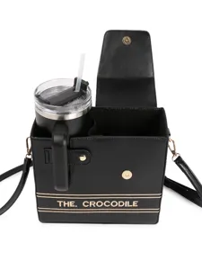 Black crossbody tumbler bag with cup holder, portable outdoor shoulder drink pouch.
