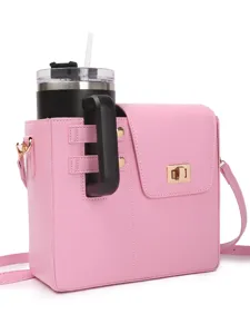 Multifunctional PU Leather Crossbody Bag Portable Water Bottle Holder With Metal Lock Casual Shoulder Bag For Women