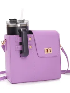 Purple crossbody water bottle bag, multifunctional portable tumbler carrier with strap.