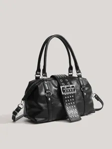 Black leather motorcycle shoulder bag with metal studs and wide buckle for women street style.