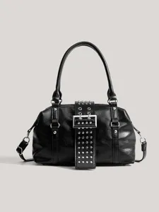 Black rivet motorcycle shoulder bag with metal buckle and top handle for women commuting.