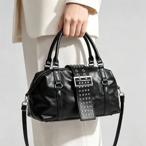 Black studded motorcycle handbag shoulder crossbody bag with buckle for women commuter daily use