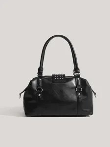 Black rivet motorcycle shoulder handbag, stylish commuting underarm bag with metal studs and rings.