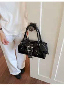 Black leather motorcycle handbag with metal studs and buckle for women trendy underarm bag