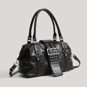 Women's Rivet Motorcycle Shoulder Bag PU Leather Retro Commuter Handbag Chic Punk Style Casual Top Handle Bag