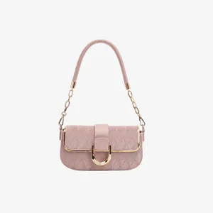 Pink quilted chain shoulder bag, elegant underarm bag with metal buckle, compact size.