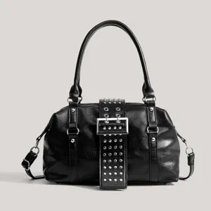 Black rivet motorcycle shoulder bag Y2K punk style handbag commuting crossbody bag