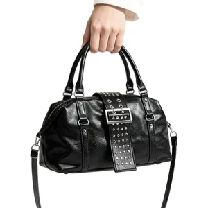 Black rivet motorcycle shoulder bag, stylish leather crossbody handbag for women daily.