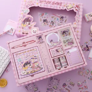 Cute cartoon sticker journal stationery gift set box for kids students, pink aesthetic set.