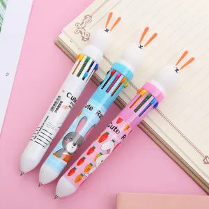 Cute rabbit 10-color ballpoint pen, cartoon student multi-color press pen for journaling.