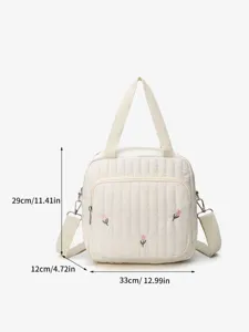 Quilted tote shoulder bag with cute tulip embroidery, casual lightweight handbag for daily use.