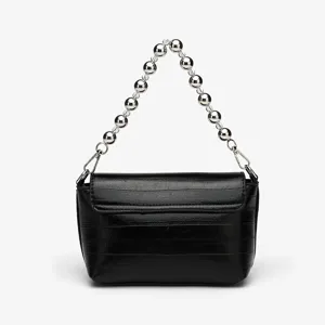 Chic minimalist black crossbody bag with decorative metallic and clear bead chain handle detail.