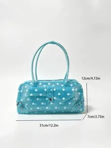 Detailansicht der blauen PVC-Gelee-Handtasche mit weißen Punkten und den Maßangaben.