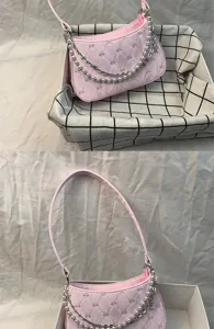 Pink quilted underarm bag for women, Korean style shoulder bag with pearl and metal chains.