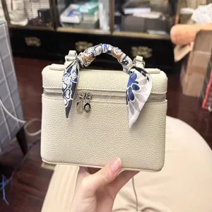 Women PU leather top handle cosmetic bag with chic twilly scarf luxury style crossbody