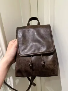 Piccolo zaino in pelle marrone retrò, borsa casual vintage elegante per donna moderna.