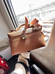Brown litchi grain PU leather top handle vanity bag with metal lock and stylish twilly scarf.