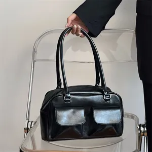 Black vintage PU leather shoulder bag for women, stylish multi-pocket commuter tote handbag.