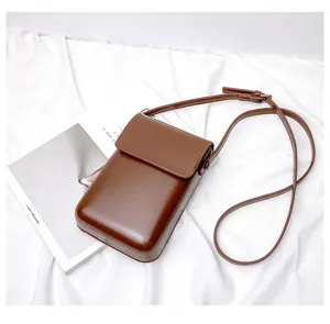 Brown mini vertical crossbody phone bag, retro style minimalist coin purse for daily use.