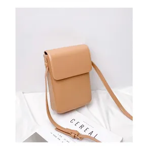 Minimalist vertical crossbody phone bag for women, lightweight small khaki shoulder purse style.