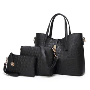 Women PU Leather Crocodile Pattern Handbag Three Piece Set Fashion Tote Bag Elegant Shoulder Purse For Daily Commute