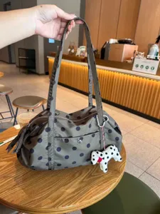 Casual polka dot nylon shoulder travel bag with cute puppy pendant, large capacity hand tote.