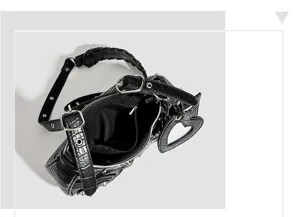 Black crocodile texture underarm bag with metal rivets and heart mirror charm for women.