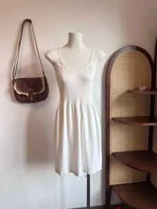 White sleeveless slip dress for women, vintage style summer camisole short dress with smocked waist.
