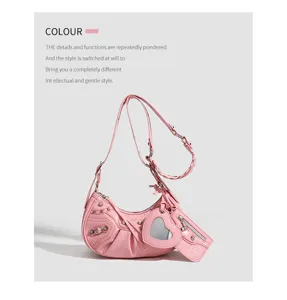 Pink crocodile pattern studded underarm bag, trendy crescent shoulder bag with heart mirror.