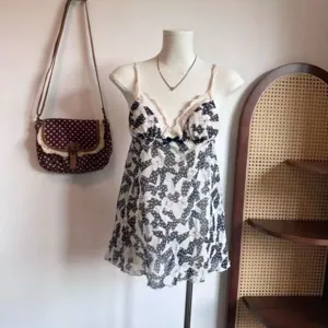 Retro vintage polka dot lace camisole women sweet bow sleeveless top sexy lingerie summer