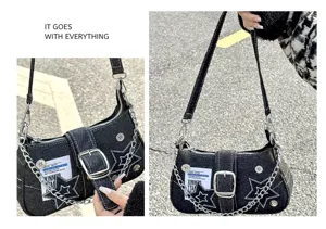 Denim shoulder bag with star pattern, metal chain and buckle strap for women daily use.