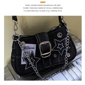 Denim shoulder bag with star embroidery, retro underarm bag with metal chain and buckle strap.