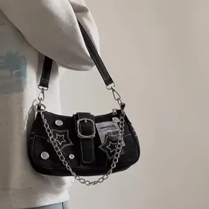 Black denim shoulder bag with metal chain Y2K star design stylish chic purse for girls