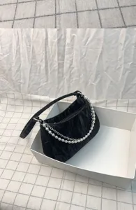 Black underarm bag with pearl and metal double chain strap, chic and elegant women shoulder bag.
