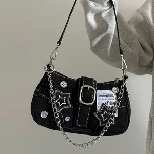 Women's Vintage Canvas Underarm Bag Y2K Street Style Chain Shoulder Bag Retro Star Embroidery Handbag Black Blue