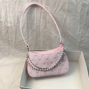 Women Fashion Underarm Bag PU Leather Quilted Shoulder Bag Pearl Metal Double Chain Bag Casual Daily Purse