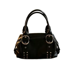 Retro Black PU Leather Boston Handbag Women Underarm Shoulder Bag with Metal Rings and Studs
